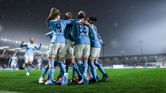Key art of Manchester City's womens team celebrating for FIFA 23 crossplay guide
