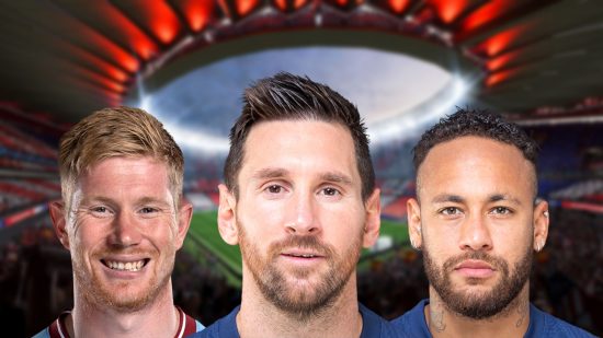 Lionel Messi, Kevin de Bruyne, and Neymar headshots on a blurred background of a stadium for Fifa 23 ratings lists.