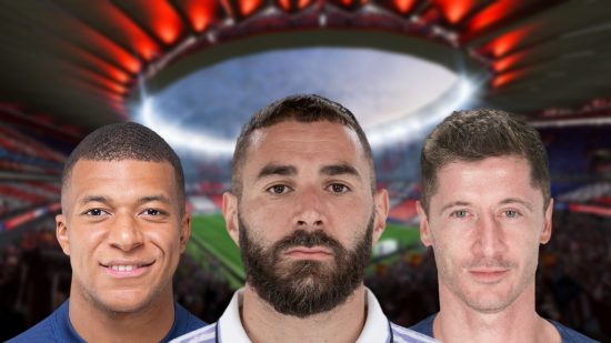 Karim Benzema, Kylian Mbappe, and Robert Lewandowski headshots on a blurred background of a stadium for Fifa 23 ratings lists.