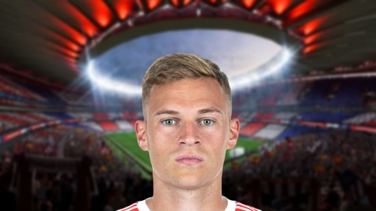 Kimmich headshot on a blurred background of a stadium for Fifa 23 ratings lists.