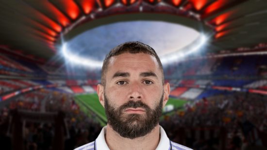 Benzema headshot on a blurred background of a stadium for Fifa 23 ratings lists.