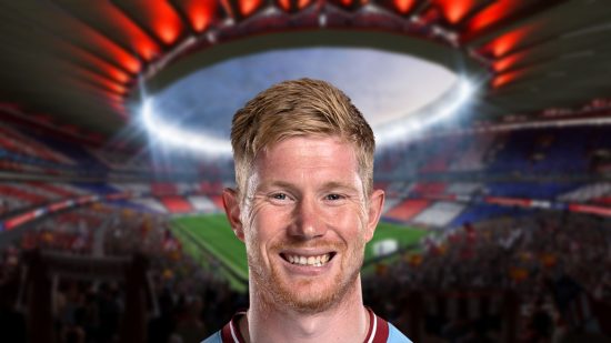 Kevin de Bruyne headshot on a blurred background of a stadium for Fifa 23 ratings lists.