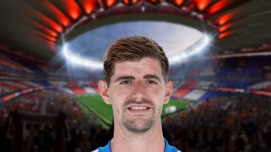 Thibaut Courtois headshot on a blurred background of a stadium for Fifa 23 ratings lists.
