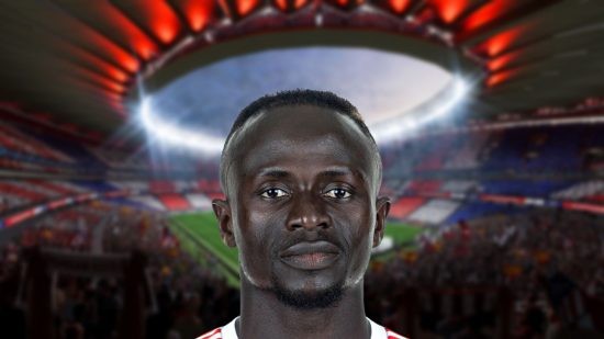 Sadio Mane headshot on a blurred background of a stadium for Fifa 23 ratings lists.