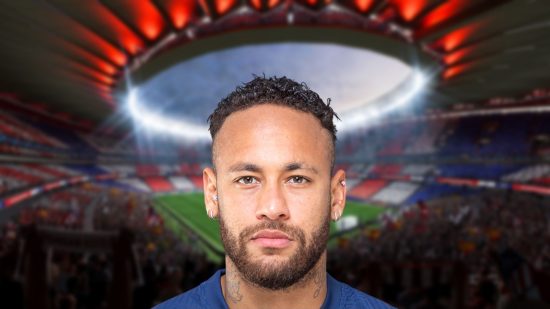 Neymar headshot on a blurred background of a stadium for Fifa 23 ratings lists.