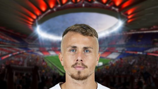 Angelino Headshot på en sløret baggrund af et stadion til FIFA 23 -ratings -lister