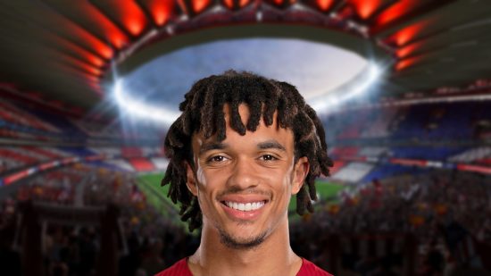Trent Alexander Arnold headshot on a blurred background of a stadium for Fifa 23 ratings lists.