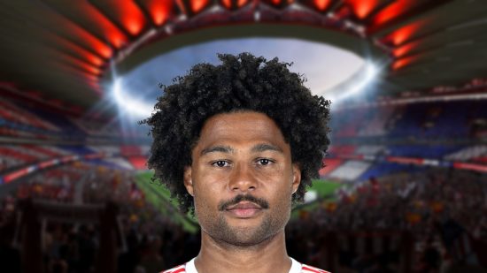 Gnabry headshot on a blurred background of a stadium for Fifa 23 ratings lists.