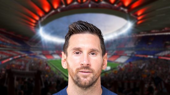 Lionel Messi headshot on a blurred background of a stadium for Fifa 23 ratings lists.