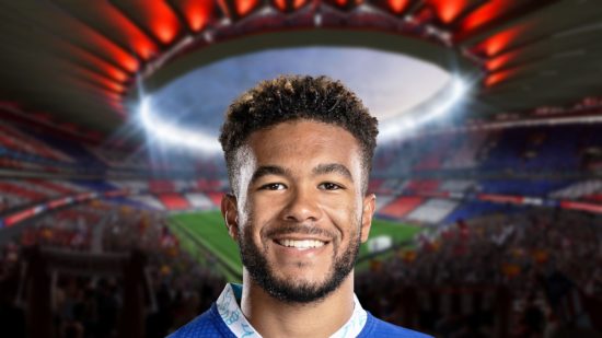 Reece James headshot on a blurred background of a stadium for Fifa 23 ratings lists.