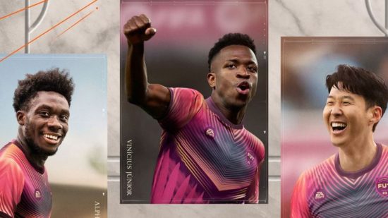 Four football players on cards in tasteful art for FIFA 23 Ultimate team. In the middle the player has their fist raised in celebration, with short curly black hair. On the right is Son Heung-min, one of the rare footballers I can recognise. he has a colourful shirt on and a wide open smile, with shortish black hair. On the left is another football player in the same shirt as the others, toothy grin on his face, and taller curled hair.