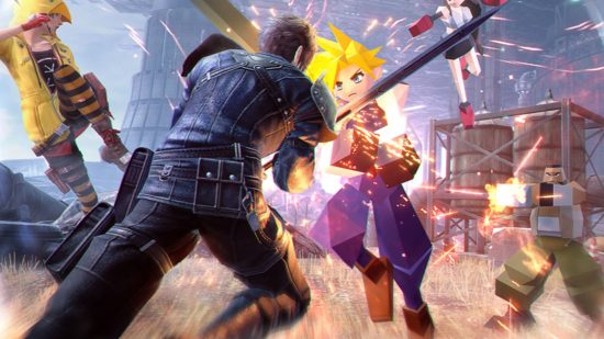 Low poly Cloud from FF7 clashes swords with high-def man from another FF game with low-poly Tifa in the background in art for Final Fantasyy 7: The First Soldier, end of service for which is soon.