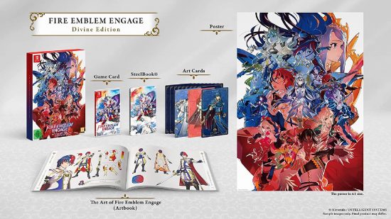 Fire Emblem Engage pre-order: a product listing for the Fire Emblem Engage Divine Edition shows the game and the pre-order bonuses, including art cards, an artbook, a steelbook, and an A1 poster