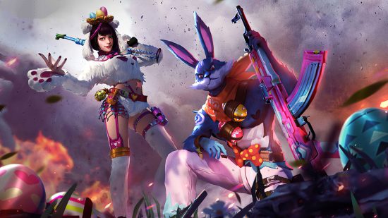 Free Fire redeem codes today - a girl and a rabbit man holding guns ready for battle