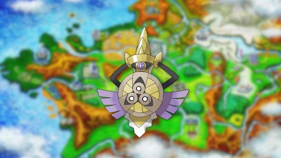 Aegislash sprite over the map of Kalos for gen 6 Pokémon guide