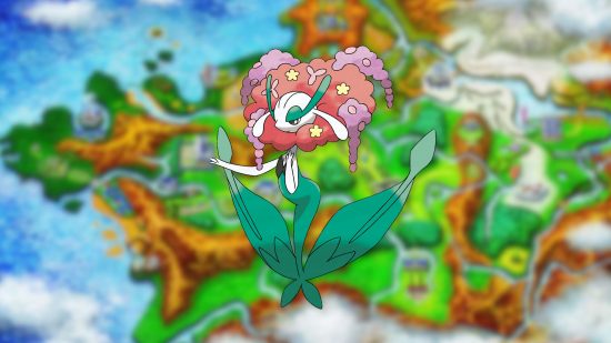 Flogres sprite over the map of Kalos for gen 6 Pokémon guide