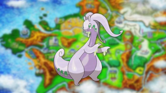 Goodra sprite over the map of Kalos for gen 6 Pokémon guide