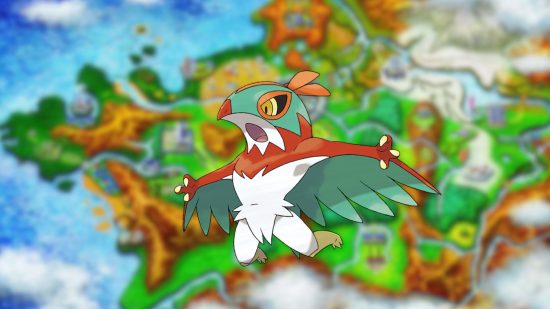 Hawlucha sprite over the map of Kalos for gen 6 Pokémon guide