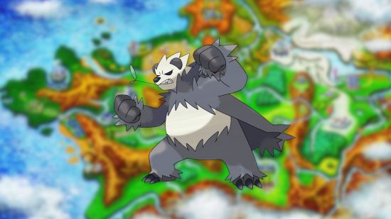 Pangoro sprite over the map of Kalos for gen 6 Pokémon guide