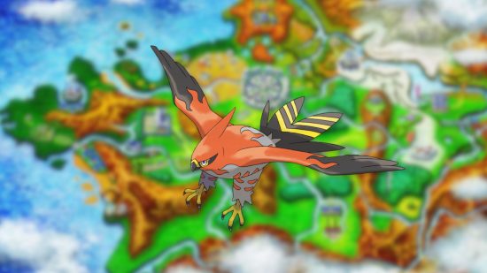 Talonflame sprite over the map of Kalos for gen 6 Pokémon guide