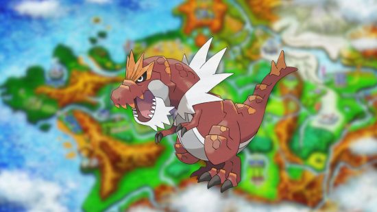 Tyrantrum sprite over the map of Kalos for gen 6 Pokémon guide