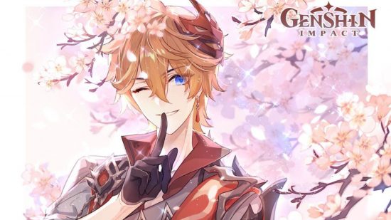 Genshin Childe surrounded by cherry blossoms