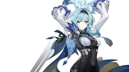 Genshin Impact tier list - Eula holding a sword behind her back against a white background