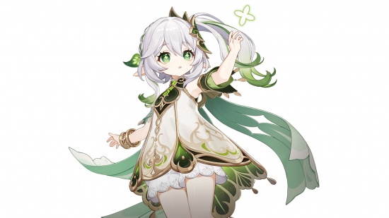 Genshin Impact Tier List -Nahida가 그녀의 팔 위에있는 그녀의 머리 위로 녹색 별을 소환합니다
