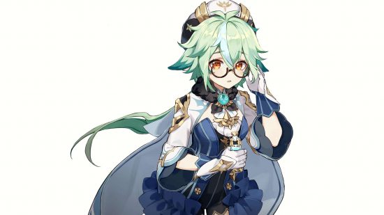 Genshin Impact tier list - Sucrose pushing her glasses up her nose against a white background