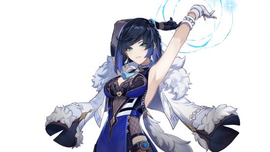 Genshin Impact Tier List - Yelan หล่อเวทมนตร์น้ำแข็งเหนือศีรษะของเธอกับพื้นหลังสีขาว