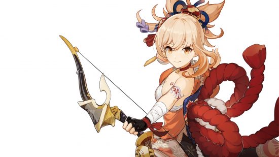 Genshin Impact tier list - Yoimiya holding a bow against a white background