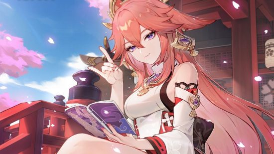 Genshin Yae Miko reading a book and doing a fox sign with her hand