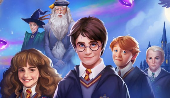 Harry, Ron, and Hermione smiling with Dumbledore in the background to celebrate Harry Potter mobile games revenue hitting $1 billion