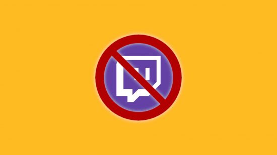 How to delete Twitch account: A circular image of the Twitch logo with a purple background and white image, crossed through with a red 'no' symbol. This image is on top of a yellow background using the Pocket Tactics brand yellow.