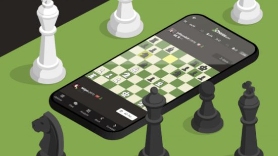 Captura de pantalla de la promoción de la aplicación móvil Chess con varias piezas de ajedrez alrededor de la pantalla