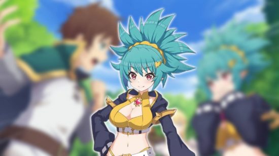 Konosuba: Fantastic Days Mel, key art for the mobile RPG Konosuba shows a young anime girl with bright blue hair tied up in a messy ponttail