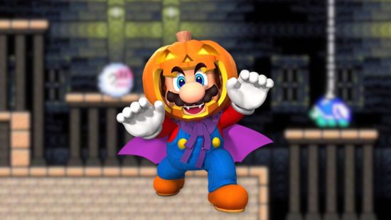 Custom image of Mario in a spooky pumpkin Halloween pumpkin outift for Mario Halloween costume news