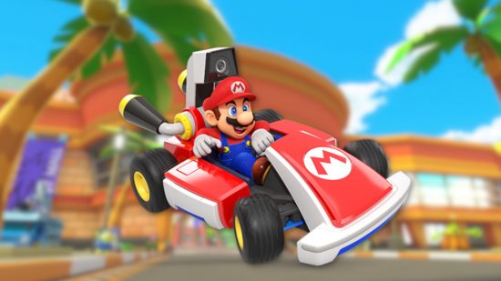 Custom image for Mario Kart best courses article with Mario in his kart over an image of coconut mall