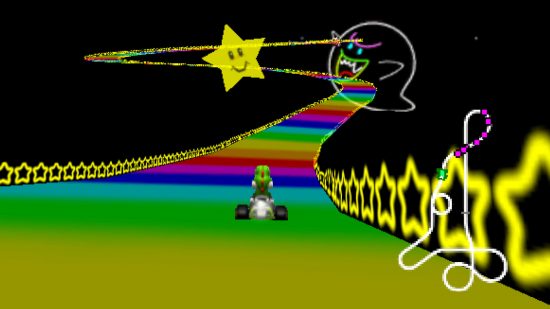 Screenshot of Rainbow Road from Mario Kart 64 with Yoshi shredding the track