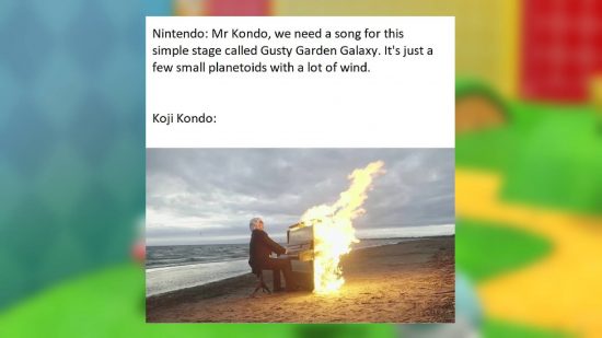 Mario memes: A meme shows a man playing piano on a beach, while the piano catches fire 