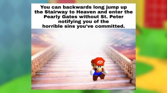 Mario memes: a meme shows Mario backward jumping into heaven 