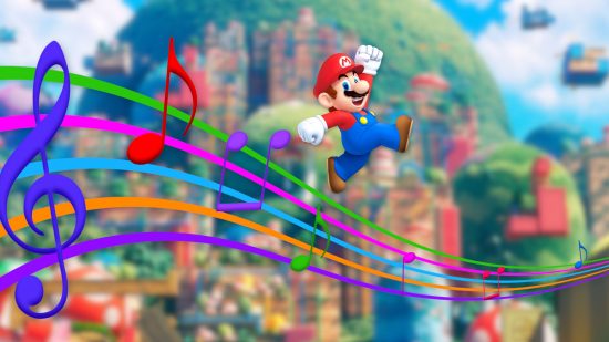Custom art of Mario movie background with musical notes across the screen and Mario hopping on them