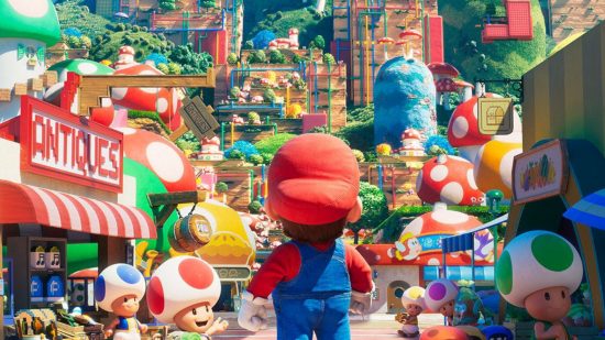 Screenshot of the Super Mario movie poster with Mario looking iup at a distance Peach's castle