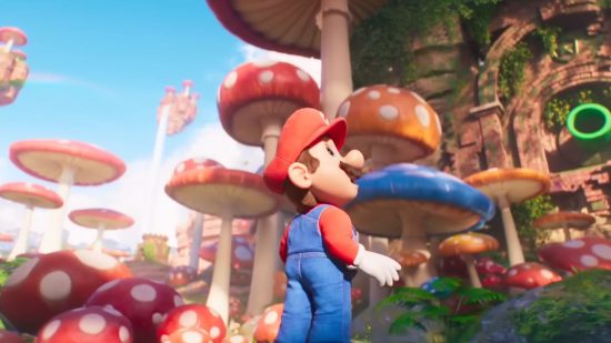 Screenshot of Mario looking wistfully around the new environment in a screenshot from the Super Mario Bros Movie trailer