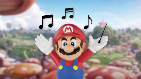Custom image for Mario movie score news piece with a picture of Mario, conductors baton in hand, making music