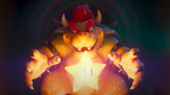 Mario movie trailer: a screenshot from the Super Mario movie shows a CGI animated version of Bowser with a Super Star