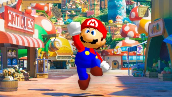 Custom image for Mario movie trailer Mario 64 article with classic polygon Mario on a Mushroom Kingdom background