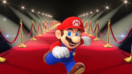 Custom image of Mario running on a red carpet for Nintendo Productions reveal news piece