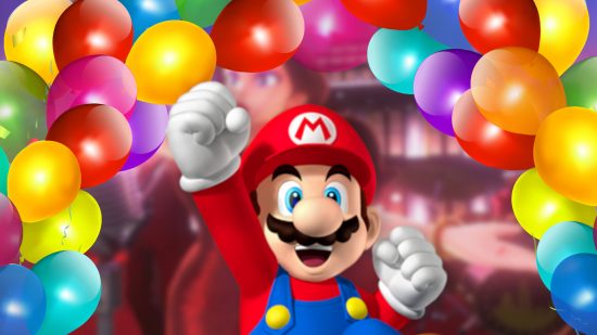 Custom image for Mario Odyssey fifth anniversary article with a celebrating Mario among balloons