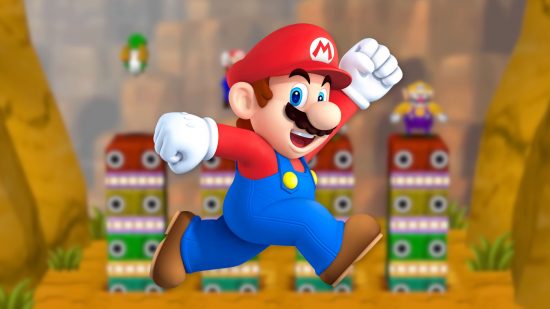 Screenshot of Mario being happy on a Mario Party background